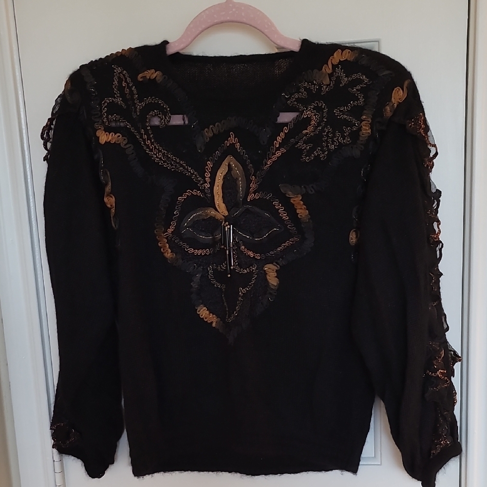 Vintage Black and Gold  And Brown Embroidered Sweater SZ Small